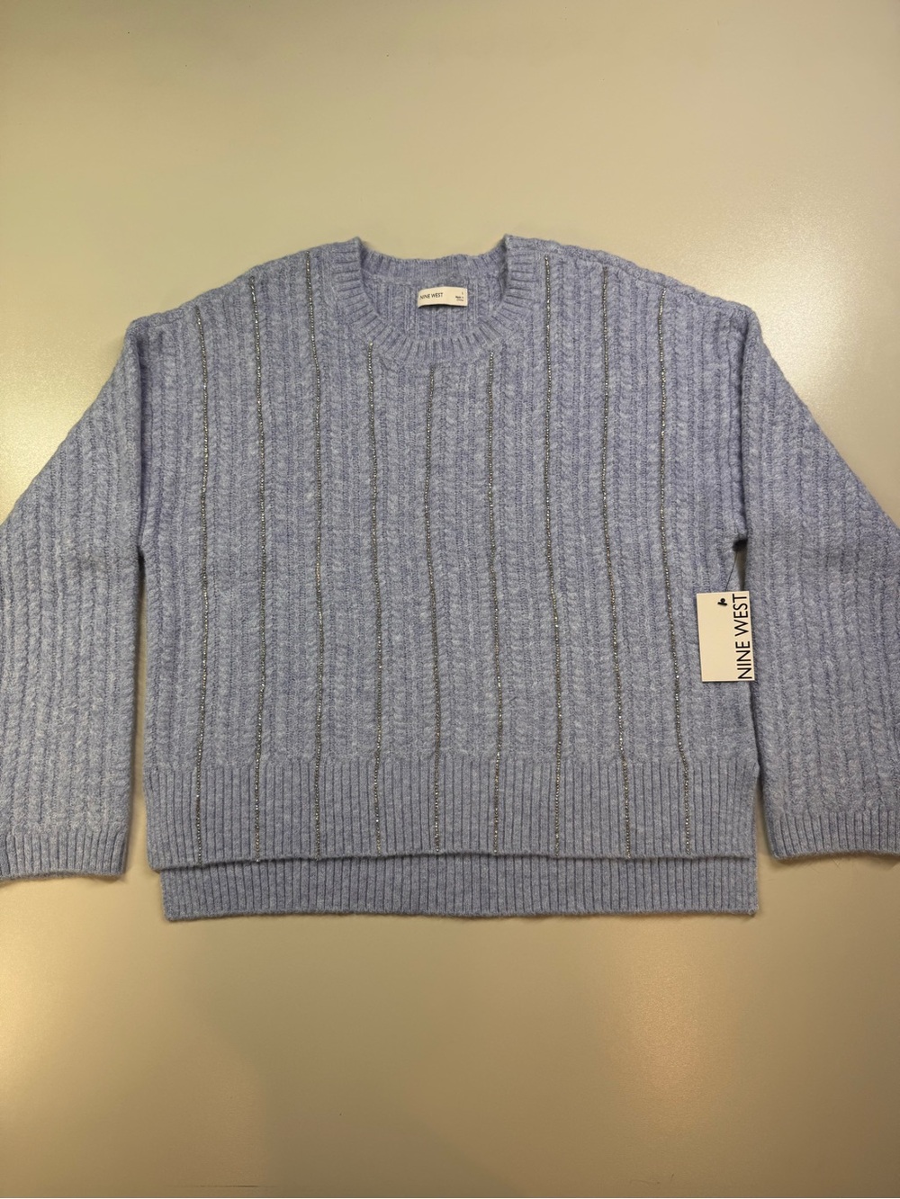 Nine West Women’s Large Blue Rhinestone Ribbed Sweater NWT Crewneck Knit